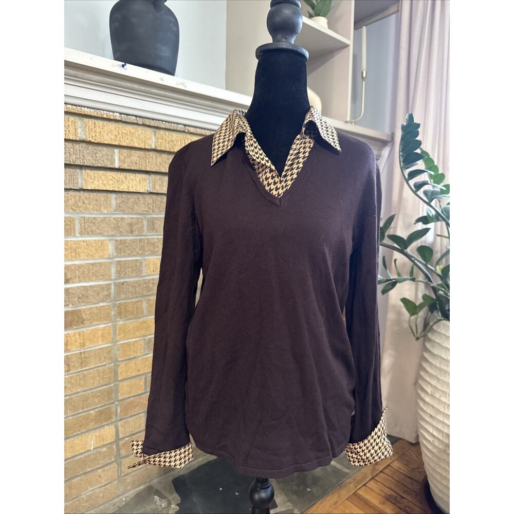 VTG Elementz Brown Faux Layer Sweater Houndstooth Collar Preppy Dark Academia M
